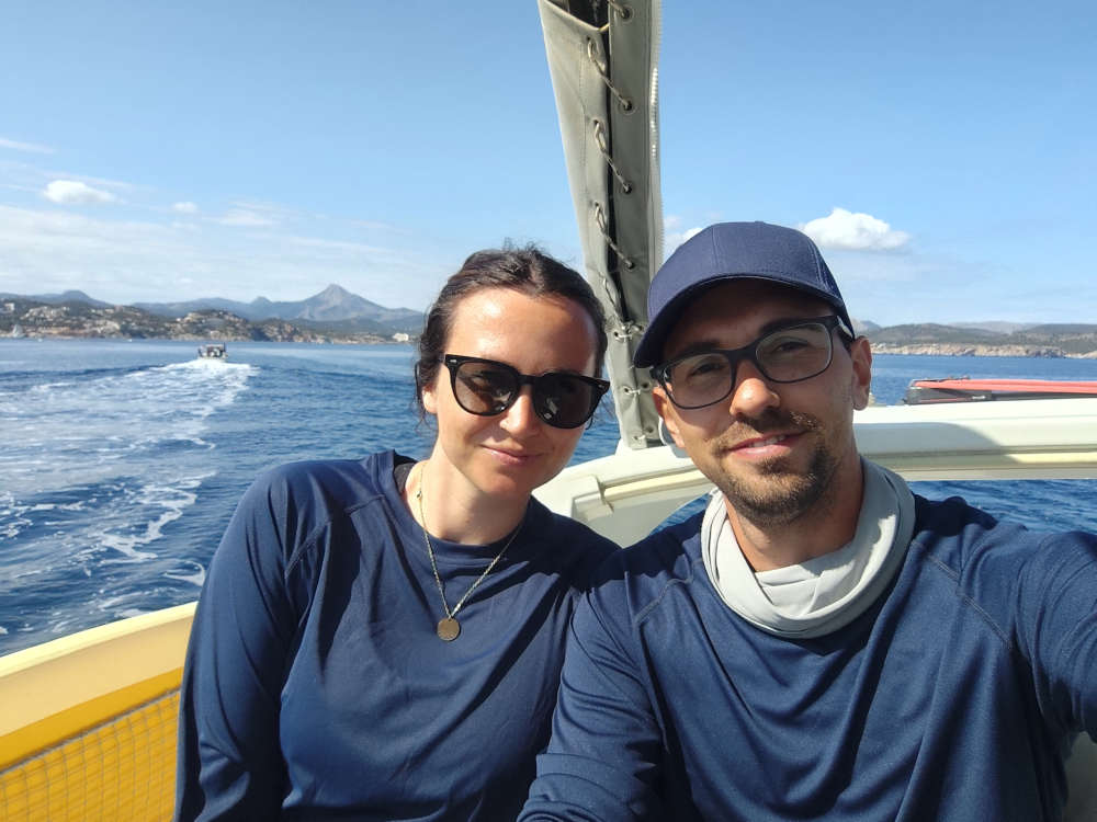 Dani and Tasha on Salty Breeze selfie on tour in Mallorca.