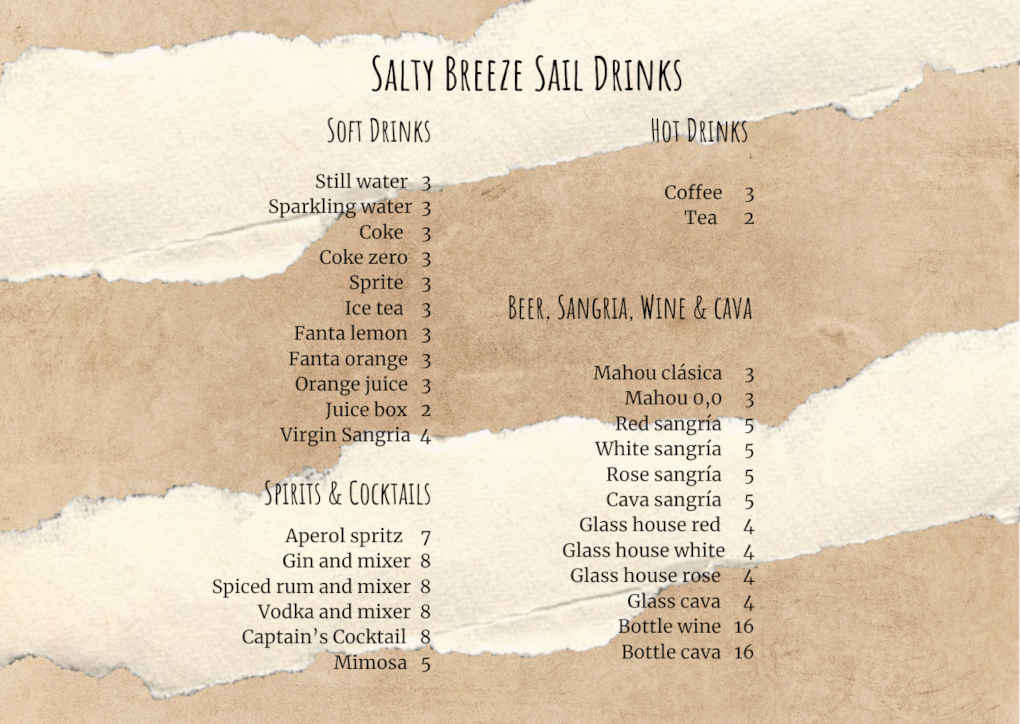 menú de bebidas